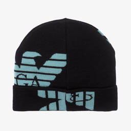 Emporio Armani-Boys Black Wool Knit Eagle Beanie Hat | Childrensalon Outlet