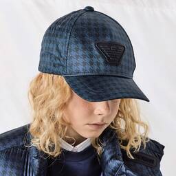 Emporio Armani-Boys Blue Houndstooth Eagle Cap | Childrensalon Outlet