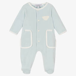 Emporio Armani-Boys Blue Velour Babygrow | Childrensalon Outlet