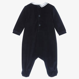 Emporio Armani-Boys Blue Velour Babygrow | Childrensalon Outlet