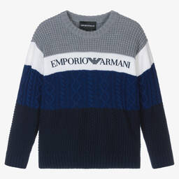 Emporio Armani - Boys Beige & Green Wool Knit Sweater