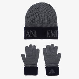 Emporio Armani-Boys Grey & Navy Blue Wool Knit Hat Set  | Childrensalon Outlet
