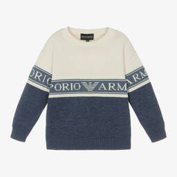 Emporio Armani - Boys Ivory & Green Cotton Knit Jumper