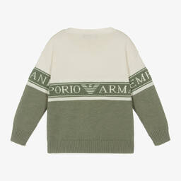 إEmporio Armani-بلوفر قطن محبوك لون أخضر كاكي وعاجي للأولاد | Childrensalon Outlet