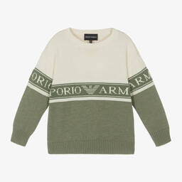 Emporio Armani Boys Ivory Blue Cotton Knit Jumper Childrensalon Outlet