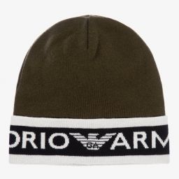 Emporio Armani-Boys Khaki Green Wool Logo Hat | Childrensalon Outlet