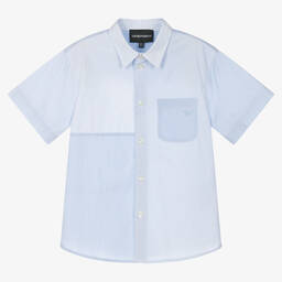 Emporio Armani-Boys Light Blue Cotton Patch Shirt | Childrensalon Outlet