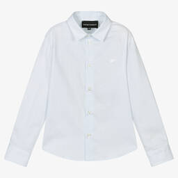Emporio Armani-Белая рубашка в голубую полоску из хлопка | Childrensalon Outlet