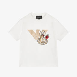 Emporio Armani-Футболка белая с золотой змеей для мальчиков | Childrensalon Outlet