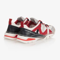 إمبوريو أرماني-ترينرز جلد وقماش لون أبيض وأحمر للأولاد | Childrensalon Outlet