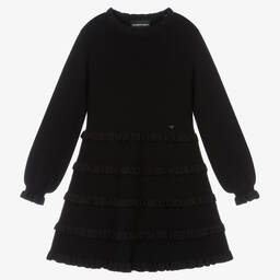 Emporio Armani-فستان مزيج فيسكوزمحبوك  لون أسود مزين بكشكش | Childrensalon Outlet