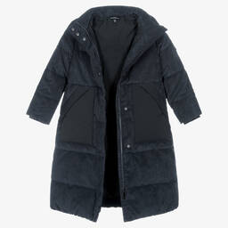 Emporio Armani-Girls Blue Corduroy Puffer Coat | Childrensalon Outlet