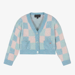 Emporio Armani-Girls Blue & Pink Check Wool Cardigan | Childrensalon Outlet