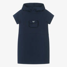 Emporio Armani-Girls Navy Blue Cotton Hooded Dress | Childrensalon Outlet