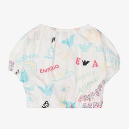 إEmporio Armani-بلوزة قطن بوبلين لون أبيض للبنات | Childrensalon Outlet