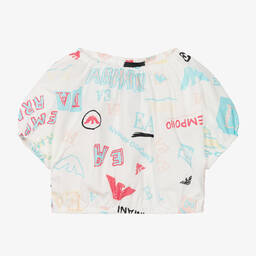 إEmporio Armani-بلوزة قطن بوبلين لون أبيض للبنات | Childrensalon Outlet