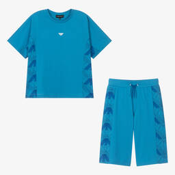 Emporio Armani-Teen Boys Blue Cotton EA Crew Shorts Set | Childrensalon Outlet