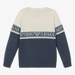 Emporio Armani-بلوفر قطن محبوك لون أزرق مونس وعاجي للمراهقين | Childrensalon Outlet