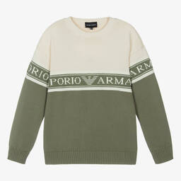 【関税&送料込】Emporio Armani Mint Green Cotton Sweatshirt Emporio Armani - Teen Boys Ivory & Green Cotton Knit Jumper