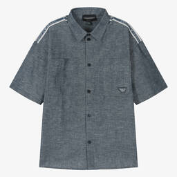 Emporio Armani-Teen Boys Navy Blue Cotton & Linen Shirt | Childrensalon Outlet