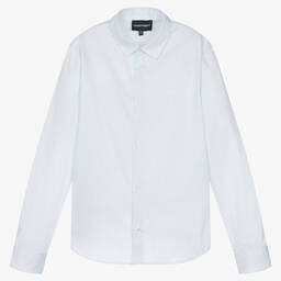 إEmporio Armani-قميص تينز ولادي قطن مقلم لون أبيض وأزرق | Childrensalon Outlet