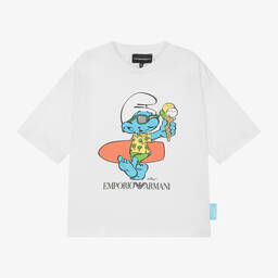Emporio Armani-White Smurf Organic Cotton T-Shirt | Childrensalon Outlet