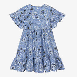 Etro-فستان قطن بوبلين لون أزرق بطبعة ورود | Childrensalon Outlet
