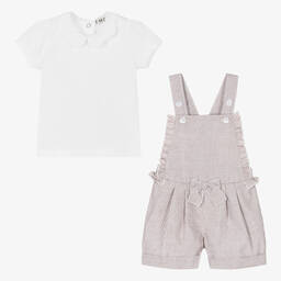 Everything Must Change-Girls White & Brown Stripe Dungaree Shorts Set | Childrensalon Outlet