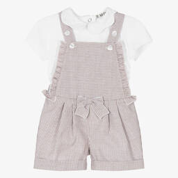 Everything Must Change-Girls White & Brown Stripe Dungaree Shorts Set | Childrensalon Outlet