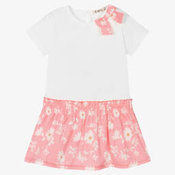 Everything Must Change-فستان قطن بوبلين لون أبيض وزهري بطبعة ورود | Childrensalon Outlet