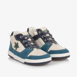 Falcotto by Naturino-Boys Ivory & Blue Leather Trainers | Childrensalon Outlet