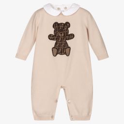 Fendi-Beige Cotton Knit Log Babygrow | Childrensalon Outlet