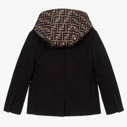 Fendi-Черный шерстяной блейзер с капюшоном с принтом-логотипом FF | Childrensalon Outlet