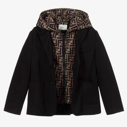 Fendi-Черный шерстяной блейзер с капюшоном с принтом-логотипом FF | Childrensalon Outlet