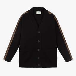 Fendi-Black Wool FF Taping Cardigan | Childrensalon Outlet