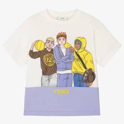 Fendi-Boys Ivory & Blue Manga-Style Logo T-Shirt | Childrensalon Outlet