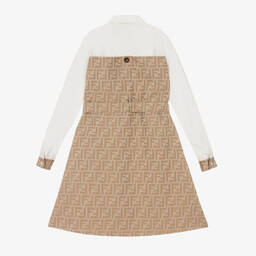 Fendi-Girls Beige & White Cotton FF Logo Dress  | Childrensalon Outlet