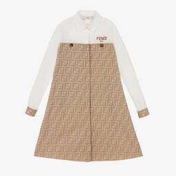 Fendi-Girls Beige & White Cotton FF Logo Dress  | Childrensalon Outlet