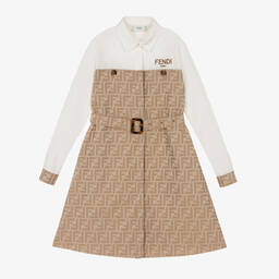 Fendi-Girls Beige & White Cotton FF Logo Dress  | Childrensalon Outlet