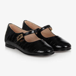 فندي-Girls Black Leather Shoes | Childrensalon Outlet