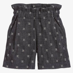 Fendi-شورت قطن دنيم لون أزرق داكن وأبيض للبنات | Childrensalon Outlet