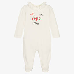 Fendi-Girls Ivory Cotton Logo Babygrow | Childrensalon Outlet