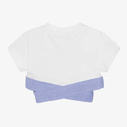Fendi-Girls White & Blue Cropped FF Logo Top | Childrensalon Outlet