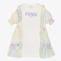 Fendi-Girls White Cotton FF Logo Dress | Childrensalon Outlet