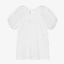 Fendi-Girls White Cotton Logo T-Shirt | Childrensalon Outlet