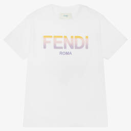 Fendi-Girls White Cotton Logo T-Shirt  | Childrensalon Outlet