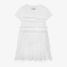 Fendi-Girls White Cotton Tulle Logo Dress | Childrensalon Outlet