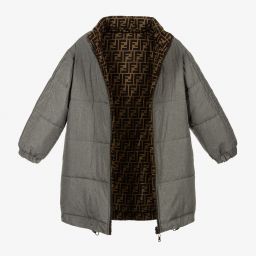 فندي-معطف بوجهين لون رمادي وبنّي مبطن بريش | Childrensalon Outlet