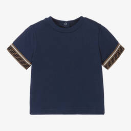Fendi-Navy Blue FF Logo Baby T-Shirt | Childrensalon Outlet