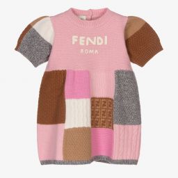 Fendi-Розовое шерстяное платье в стиле пэчворк | Childrensalon Outlet